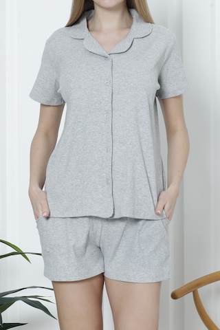 Kadın Şortlu Pijama Takımı Kısa Kollu Kaşkorse Salaş Cepli Gri Nıc1070 R09 Gri