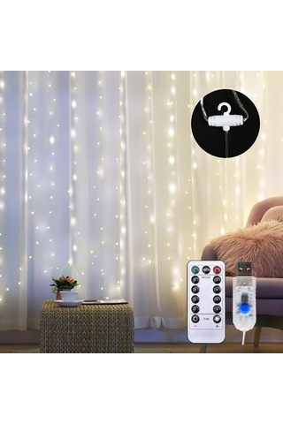 Symbee Usb Şarjlı Kumanda Kontrollü 8 Modlu 100 Led Perde Işığı - 3x1m İç/ Dış Mekan Dekorasyon Işığı Parlaklık Ayarlanabilir Diğer