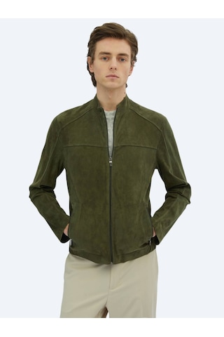 Haki Regular Fit Dik Yaka Smart Casual Deri Mont Haki