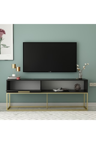 Mira Tv Ünitesi 160 Cm Kapaklı Ve Raflı, Gold Ayak, Modern Tasarım - Siyah/gold Siyah/gold
