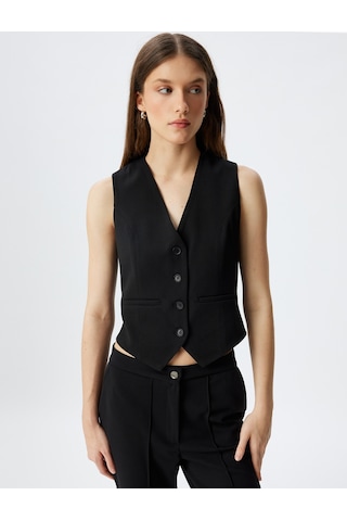 Koton Blazer Ceket Düğmeli V Yaka Slim Fit Krep Scuba Kumaş Siyah 5wak10173ek Siyah