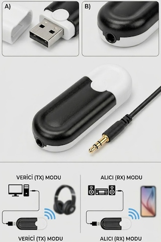 Thentech Kablosuz Usb Bluetooth 5.0 Alıcı Verici Adaptör Aux Çevirici Dongle Ses Aktarım Aparatı