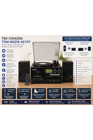 Dosound Tr-18 Ahşap Hoparlörlü Pikap Çalar Kaset Cd Bluetooth Usb Sd Müzik Sistemi 1 Adet
