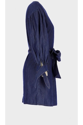 Koyu Mavi Kolu Büzgülü İnce Mini Jean Elbise C 4676-053 Koyu Mavi