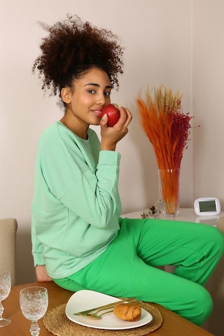 Akbeniz Kadın Uzun Kol 3 İplik Penye Pijama Takım 4191 - L Yeşil