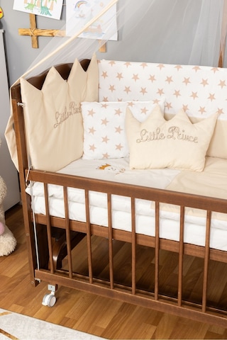 Ahşap Beşik Anne Yanı Beşik Ceviz 60x120 Krem Prens Erkek Uyku Seti Yatak Tekerlekli Ceviz