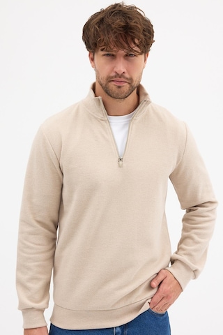 Mmetalic Erkek Bej Standart Fit Normal Kesim Pamuklu Yarım Fermuarlı Dik Yaka Pamuklu Sweatshirt Bej