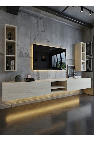 Resital Ledli Duvara Monte Tv Sehpası - Traverten - W6002-8 Traverten