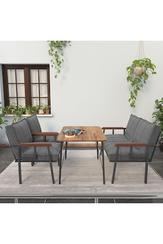 Mygusi Modern Balkon, Bahçe, Cafe - Metal Kanepe Koltuk Takımı - 2+1+1 Masa Koyugri Koyu Gri
