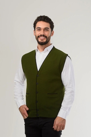 Kamalı Haki Erkek V Yaka Triko Düğmeli Cepli Çizgi Desenli Regular Fit Tüylenmeyen Örgü Yelek Haki