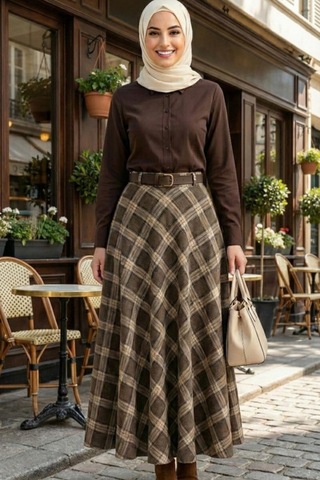 Hb Harma Time Butik Kadın Kahverengi Ekose Desenli Etek Kahverengi Kahverengi