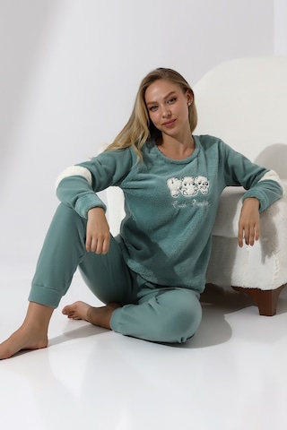 Fawn 5024 Peluş Welsoft Polar Kışlık Yumoş Kadın Pijama Takımı Yeşil