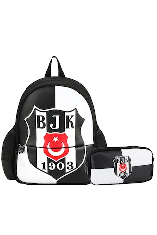 Beşiktaş 2 Bölmeli 1903 Logo Baskılı Suni Deri Anaokulu Çantası + Kalemlik Siyah