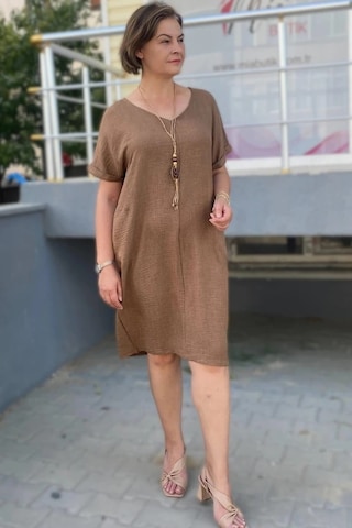 Mia Butik Büyük Beden Kahve Kolye Hediyeli Salaş Elbise Kahve