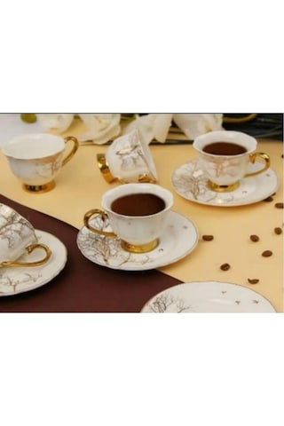 Çeyizci Çarşı Albero 6 Kişilik Ağaç Desen Porselen 220ml Nescafe Çay Fincanı Takımı Purebone-125 Beyaz