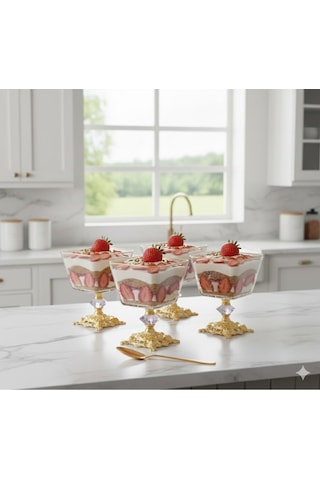 Çnr Home Collection Kare 6 Parça Döküm Ayakli Sunum Seti Magnolia Dondurmalik Cup Çerezlik Gold