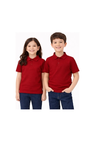 Stero Bordo Okul Tişörtü Unisex Kısa Kollu Polo Yaka Pamuklu Düz Renk Bordo