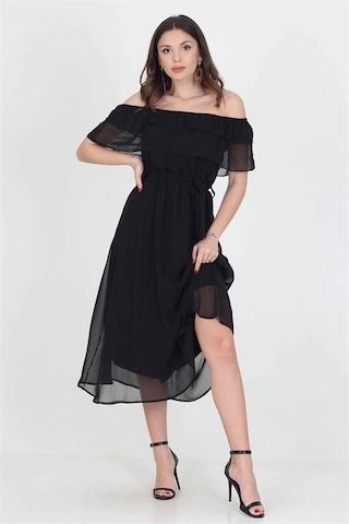 Neşeli Butik Kadın Yeni Sezon Madonna Yaka Bağlama Detaylı Şifon Elbise Ry8060 Siyah