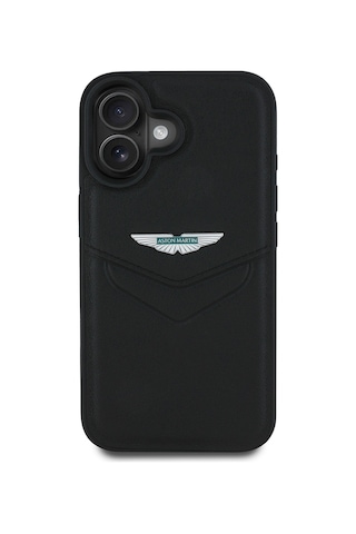 Apple Uyumlu iPhone 16 Kılıf Aston Martin Lisanslı Victory Dizayn Pu Deri Metal Logolu Kapak Siyah