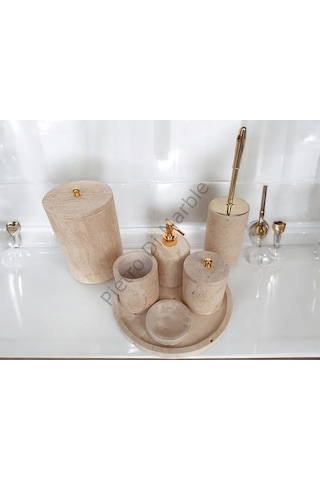 Sarı Traverten Klasik Model 7 Parça Gold Renk Düğme Aksesuarlı Banyo Seti Sarı Traverten