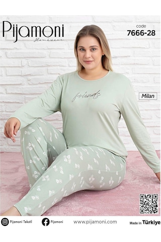 Pijamoni Kadın Milan Büyük Beden Bisiklet Yaka Uzun Kol İnce Pijama Takımı 7666/28 - 1 Adet Yeşil