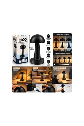 Siyah - Oval Dekoratif Masa Lambası Mantar Dokunmatik Usb - Type-c Şarjlı 3 Fonksiyon Renkli İ10-028 5671 Hemen Belirtilmemiş