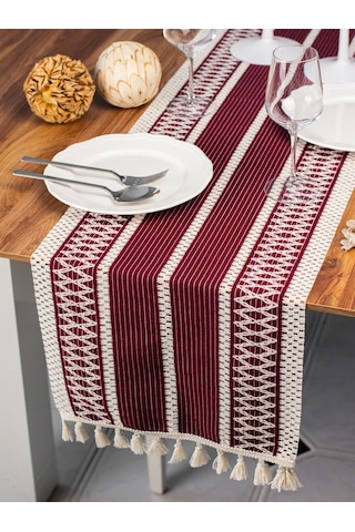 Pamuk Örme Püsküllü Dantel Bordo Runner 35x145