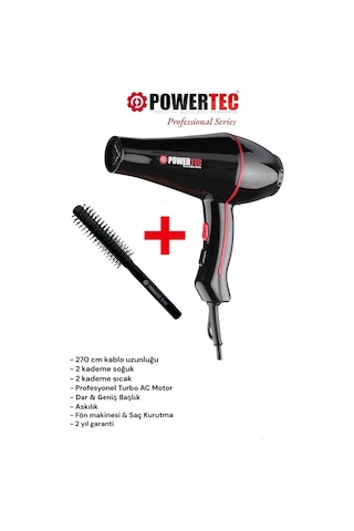 Powertec TR-601 Profesyonel Fön Makinesi + Berber Fön Fırçası