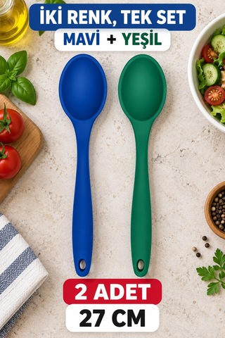 2'li Set Mavi Yeşil Büyük Boy Silikon Kaşık 27 Cm Mutfak Yemek Pişirme Ve Servis Kaşığı 2 Renkli Set
