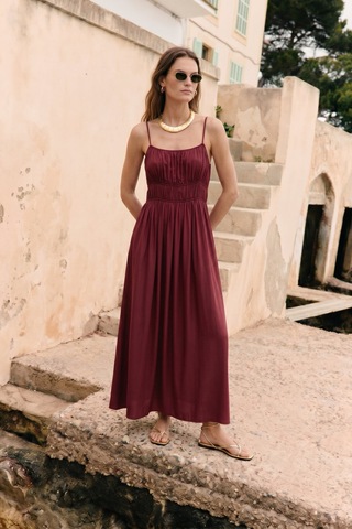 Sateen Askılı Uzun Elbise - Bordo-137495