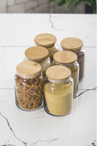 6 Lı Set Bambu Kapaklı Cam Kavanoz & Erzak Saklama Kabı 800 Ml Orta Boy Vakum Kapak Diğer