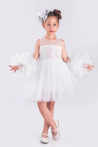 Kız Çocuk Abiye Elbise Ponpon Kol Pul Payetli Tütülü Beyaz