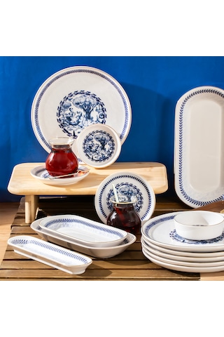 Perotti French 37 Parça Kahvaltı Takımı Çay Seti Kahvaltı Seti Mavi - Beyaz