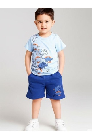 Erkek Bebek Hayvan Baskılı Şortlu Takım-15836 Mavi