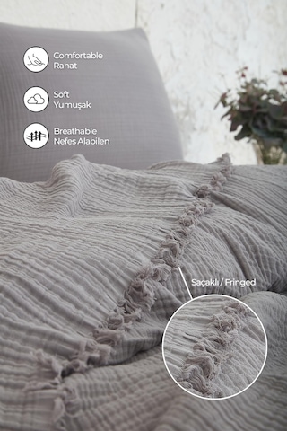 Müslin%100 Pamuk Tek Kişilik Yatak Örtüsü Pike Takımı 4 Katlı Yumuşak Battaniye 2 Parça Antrasit Gri