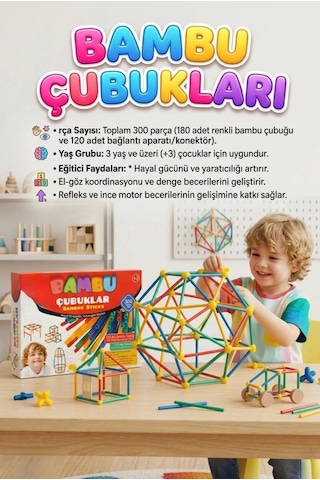Bambu Çubuklar 300 Parça Eğitici Yapım Seti - Zeka Geliştirici İnşa Blokları Oyuncak