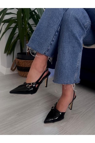 Kadın Çift Bantlı Toka Detaylı Rugan Topuklu Ayakkabı Milano 001