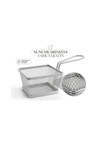 Paslanmaz Mini Sunum Sepeti, Patates Kızartması, Börek, Soğan Halkası Servis Sepeti Sunumluk Metal Rengi