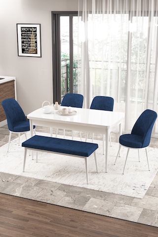 Canisa Concept Zen Serisi 80x132 Mdf Açılabilir Beyaz Masa Takımı 4 Lacivert Sandalye Ve 1 Bench Masa Beyaz Sandalye Ve Bench Lacivert