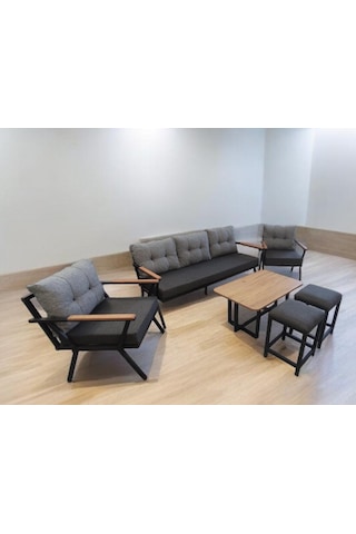 Pilocca Bahçe Balkon Mobilyası Antrasit Gri 3+1+1 Sehpa 2 Pufl Antrasit - Gri