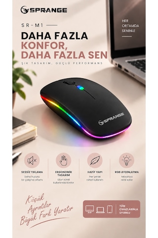 Rgb Işıklı Şarj Edilebilir Çift Modlu Kablosuz Mouse Bluetooth + 2.4ghz Wireless Sr-m1 Siyah Diğer