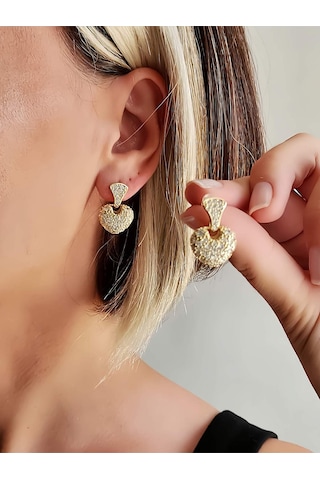 Bombeli Kalp Model Zirkon Taşlı Altın Kaplama Gold Küpe Gold
