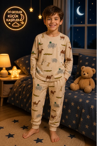 Durukoza %100 Pamuk 4 Mevsim Çocuk Pijama Takımı 8-13 Yaş Yumuşak Dokulu Açık Bej