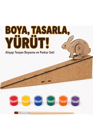 Çocuk Ahşap Hareketli Tavşan Boyama Seti 6 Renk Boya, Fırça Ve Kolay Montaj Parkuru