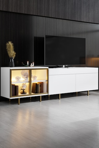 Vienna Gold Demir Ayaklı Rgb Led Işık Sistemli Beyaz Tv Ünitesi Tv Sehpası Antrasit - Altın