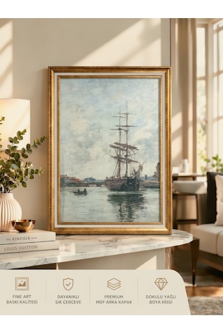 Varaklı Gold Çerçeveli Yağlı Boya Dokulu Büyük Boy Şık Salon Tablosu - Yelkenli Gemi Liman Manzaralı Klasik Vintage Sanat Eseri Dekoratif Tablo 50x70 Cm / Çerçeveli 60x80 Cm