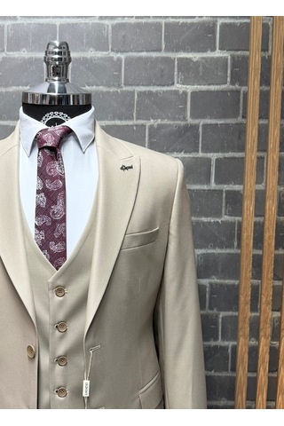 Dupont Classics Erkek Slim Fit 6 Drop Sivri Yaka Yelekli Poliviskon Çift Yırtmaç Takım Elbise Bej