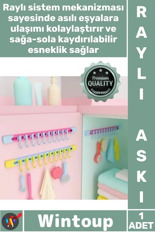 Askı Yapışkanlı Dolap İçi Pratik Askı Fonksiyonel 10 Kancalı Raylı Mutfak Banyo Düzenleyici Askı Çok Renkli