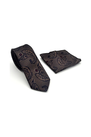 Gaffy Kahverengi Şal Desenli Lacivert Dokuma Kumaş Mendilli Slim Fit Kravat // Sdk-2606-2 Lacivert