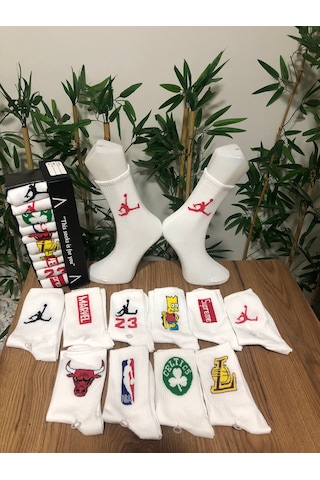 10 Çift Basketbol Karakter Desenli Renkli Unisex Kolej Çorap Seti Beyaz